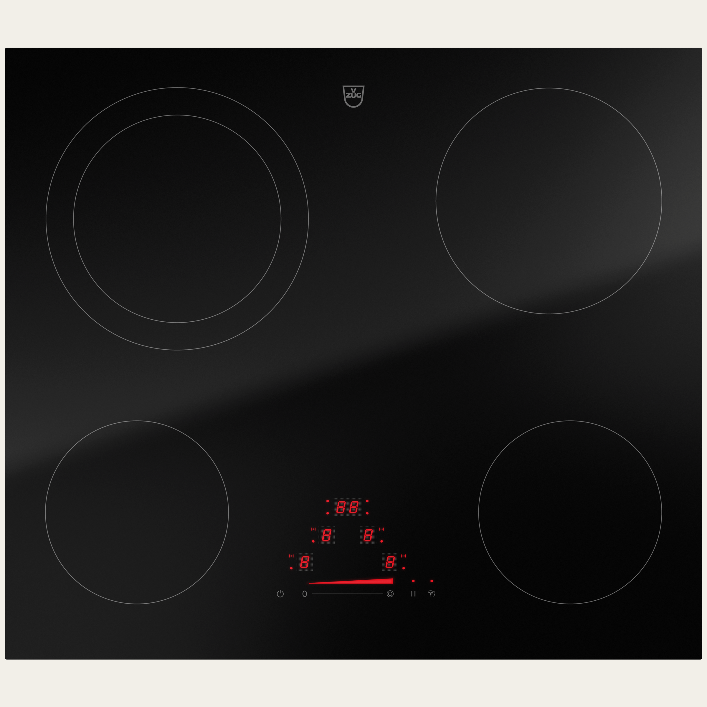 V-ZUG Table de cuisson CookTop V4000 A604, Corps de chauffe à rayonnement, Norme largeur: 60 cm, BlackDesign, DualDesign, Slider simple, Commande par «slider», Zones de cuisson: 4