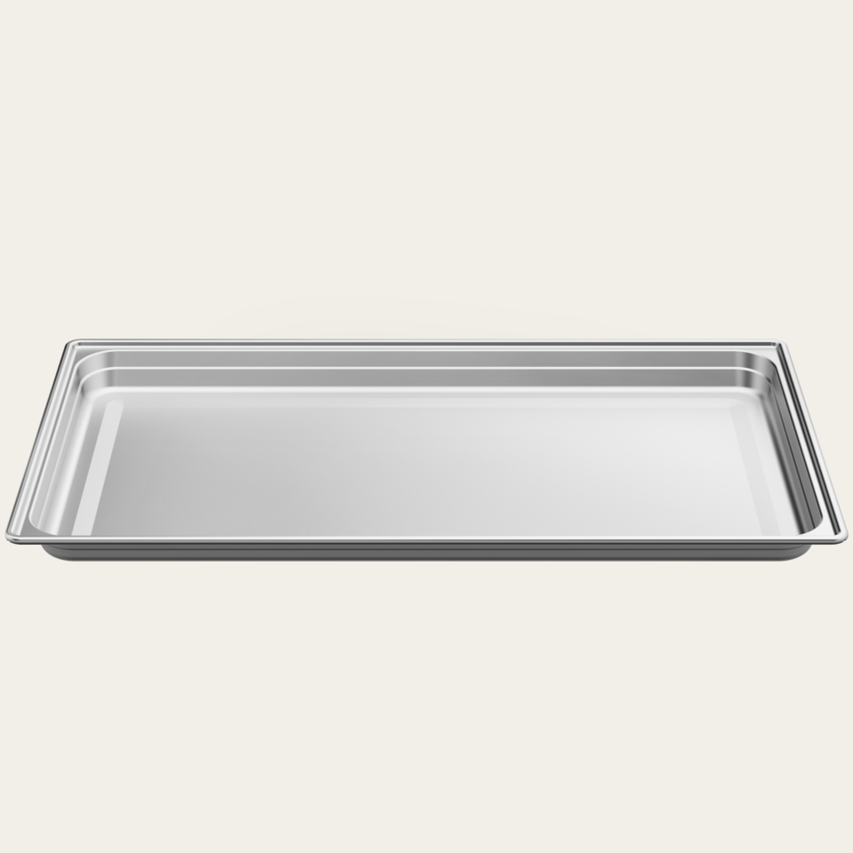 无孔不锈钢烤盘，长/宽/高 629 x 370 x 28 mm