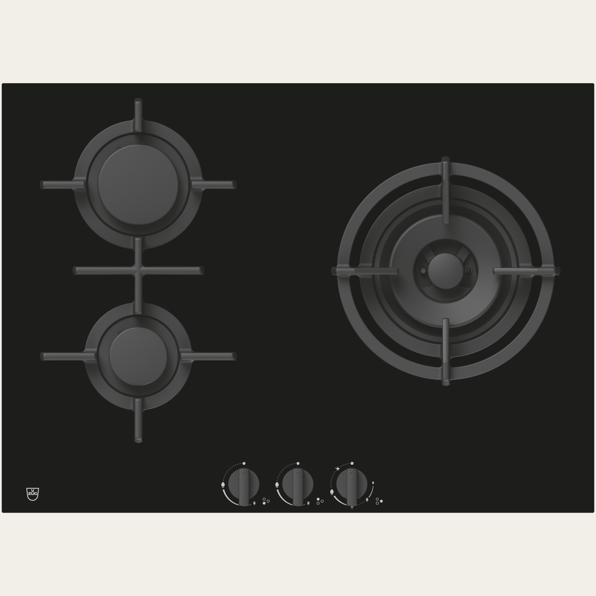 V-ZUG Hob GAS731GKBZ, gas, Standard width: 70 cm, BlackDesign, DualDesign, dial, Cooking zones: 3